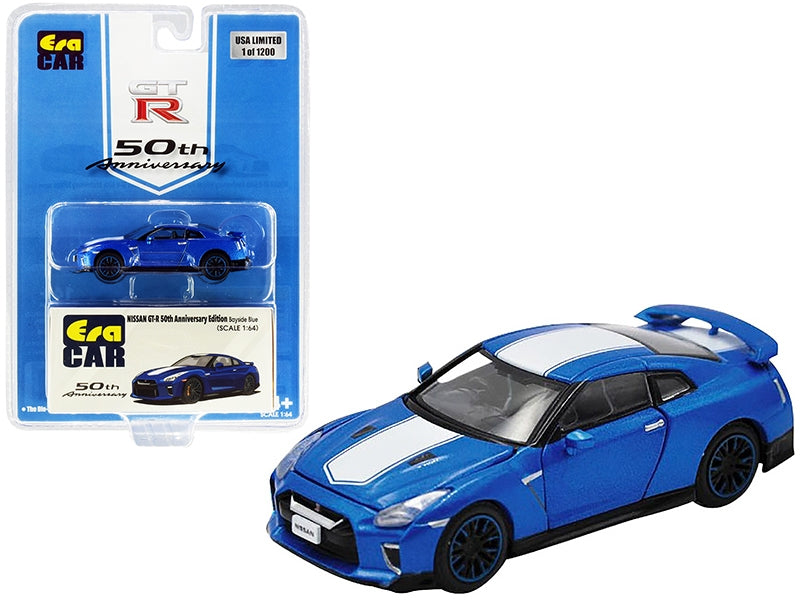 Nissan GT-R RHD (Right Hand Drive) Bayside Blue with White Stripe "50th Anniversary Edition" Limited Edition to 1200 pieces 1/64 Diecast Model Car by Era Car Era Car