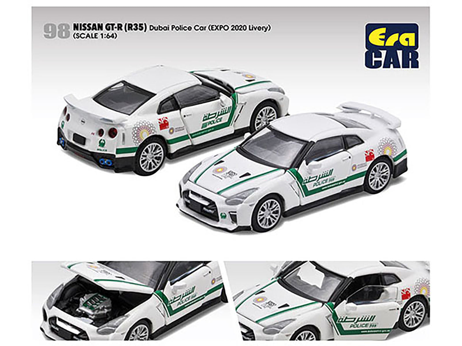 Nissan GT-R (R35) White Dubai Police "EXPO 2020" Livery Limited Edition to 720 pieces Worldwide 1/64 Diecast Model Car by Era Car Era Car