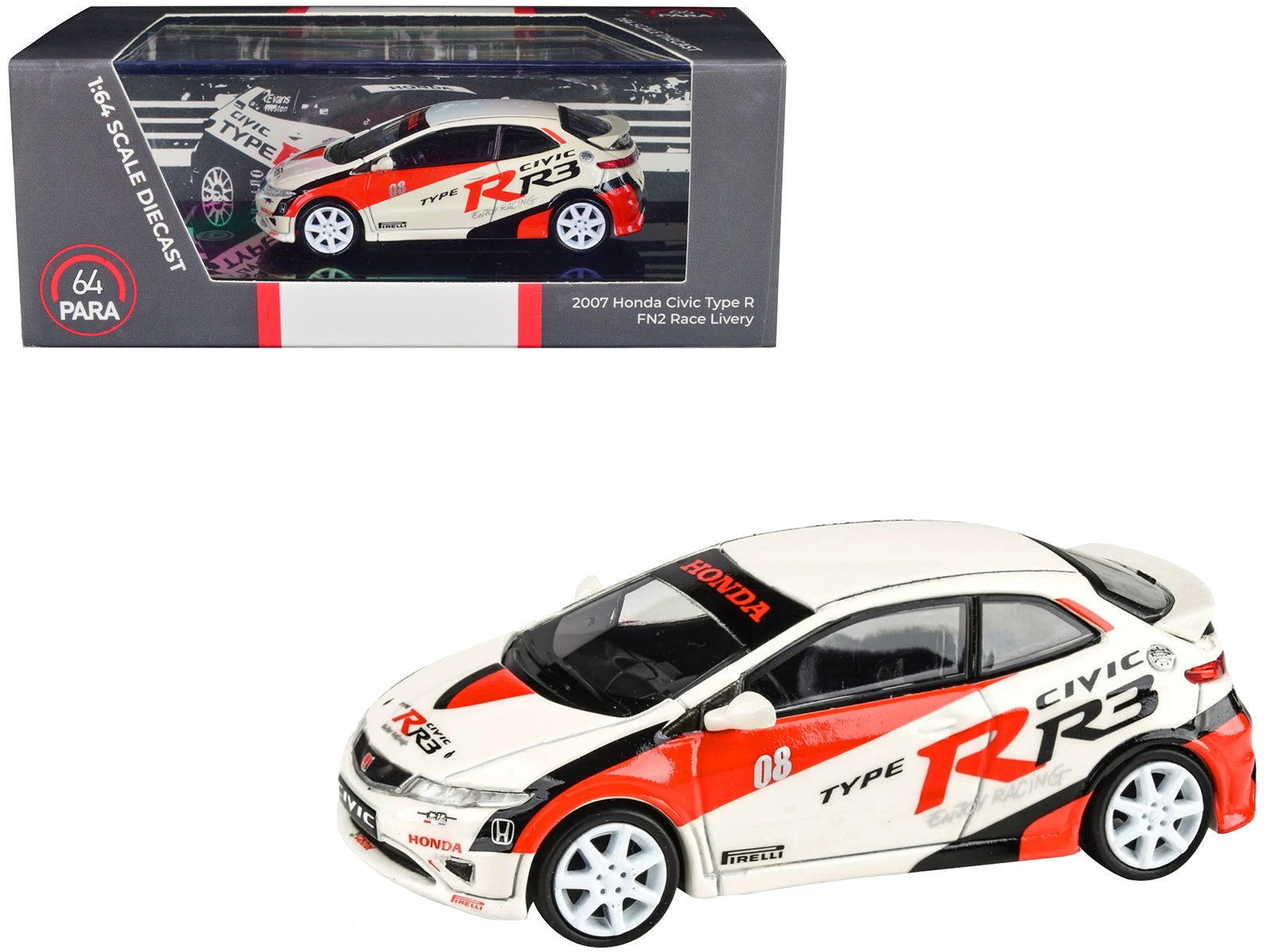 2007 Honda Civic Type R FN2 White "Race Livery" 1/64 Diecast Model Car by Paragon Models Paragon