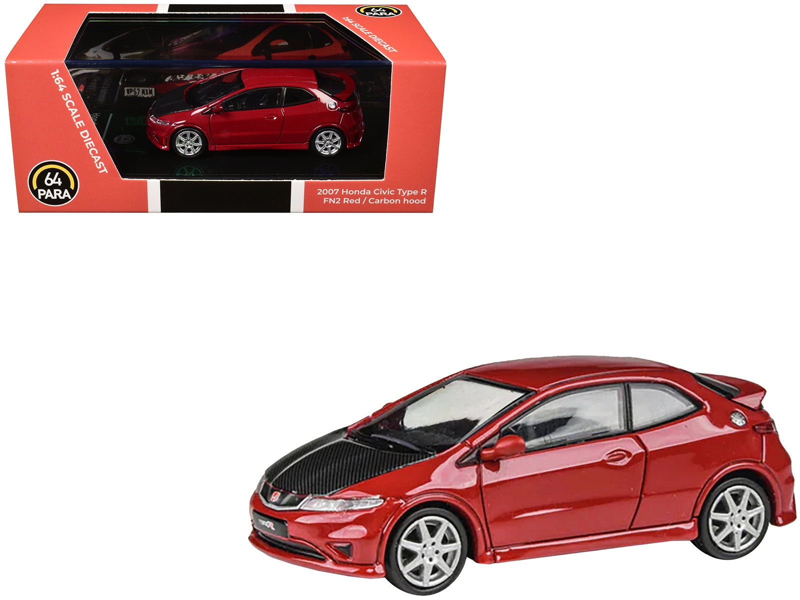 2007 Honda Civic Type R FN2 Milano Red with Carbon Hood 1/64 Diecast Model Car by Paragon Models Paragon