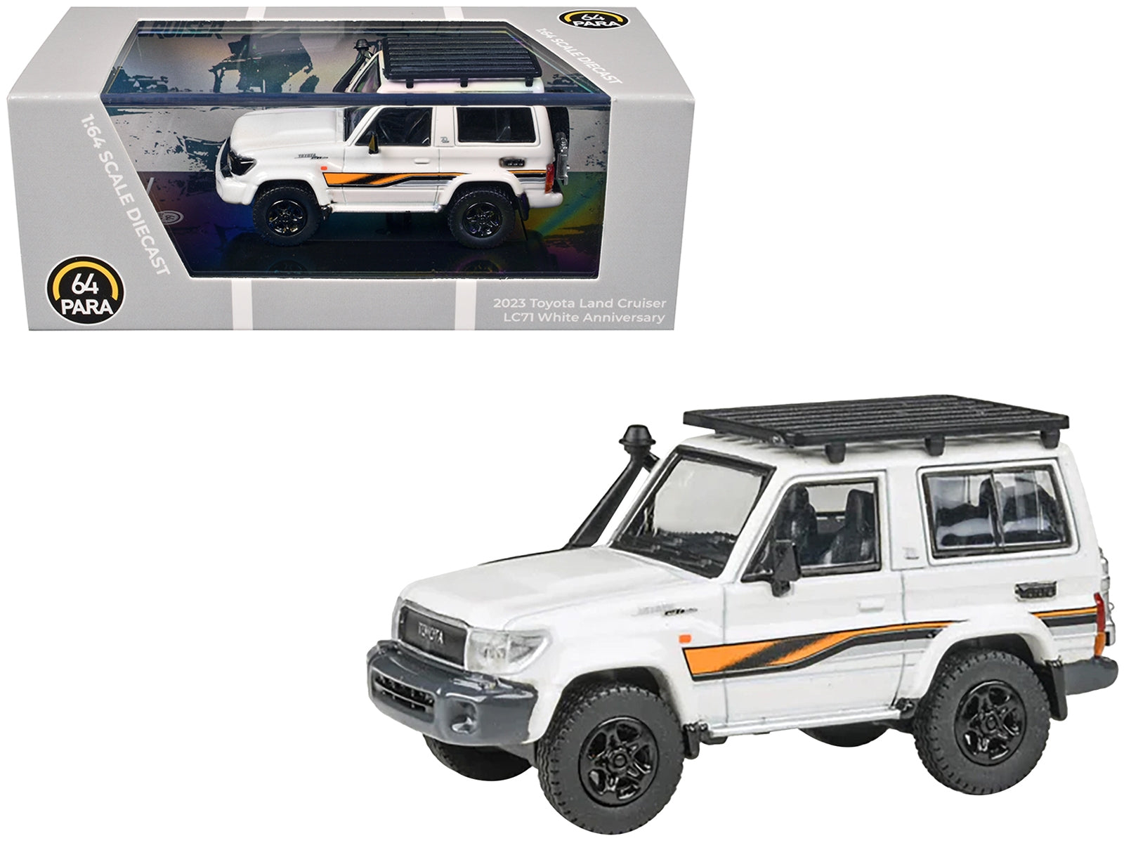 2023 Toyota Land Cruiser 71 White "70th Anniversary" with Stripes and Roofrack 1/64 Diecast Model Car by Paragon Models Paragon