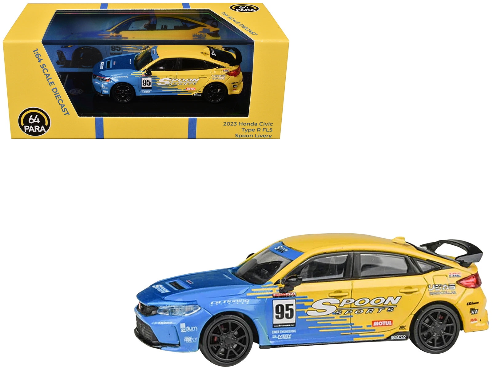 2023 Honda Civic Type R FL5 #95 "Spoon Sports Livery" Blue and Yellow 1/64 Diecast Model Car by Paragon Models Paragon