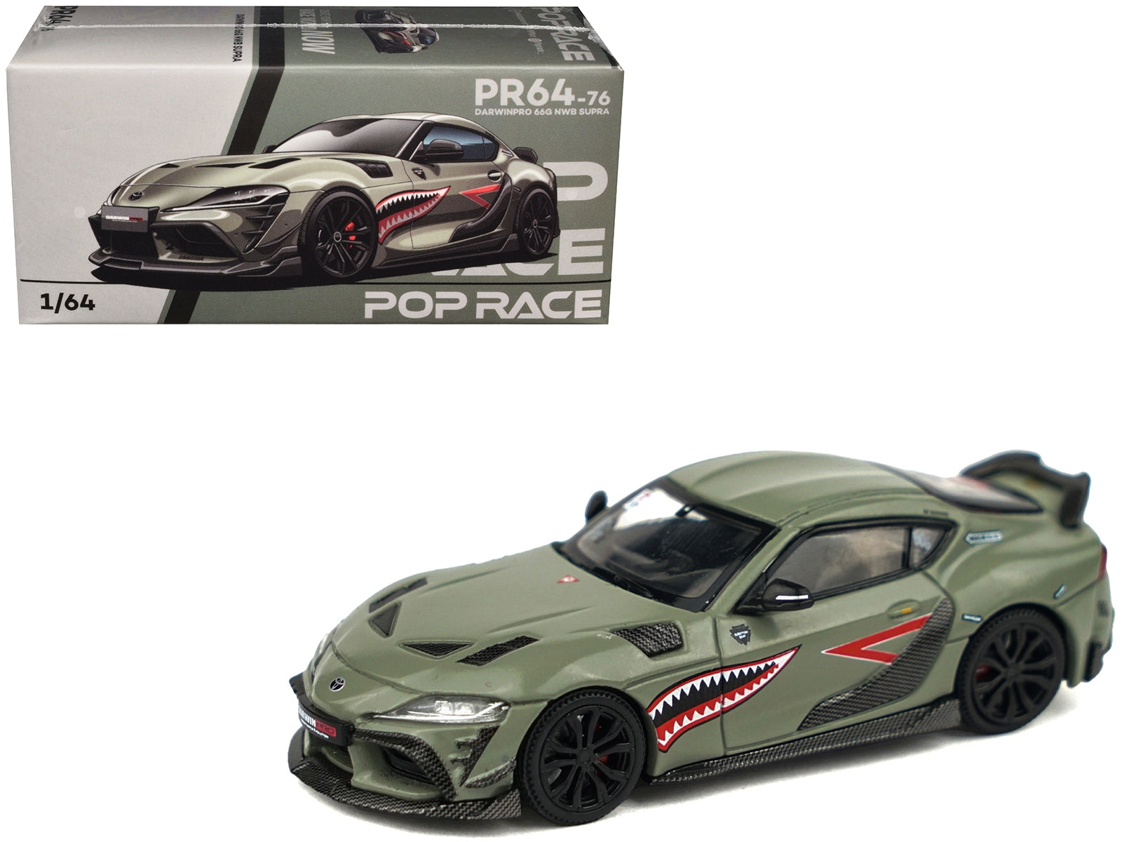 Toyota Supra "DarwinPro 66G NWB" Green with Shark Mouth Graphics 1/64 Diecast Model Car by Pop Race Pop Race