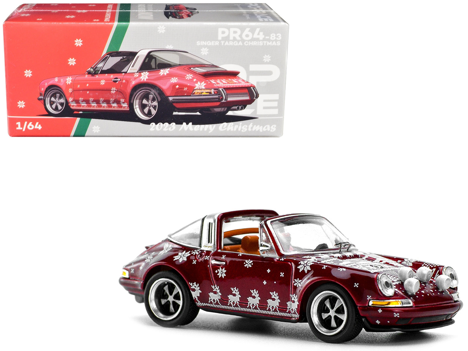 Singer Targa Red Metallic with Graphics "2023 Merry Christmas" 1/64 Diecast Model Car by Pop Race DREAMLAND DIE CAST