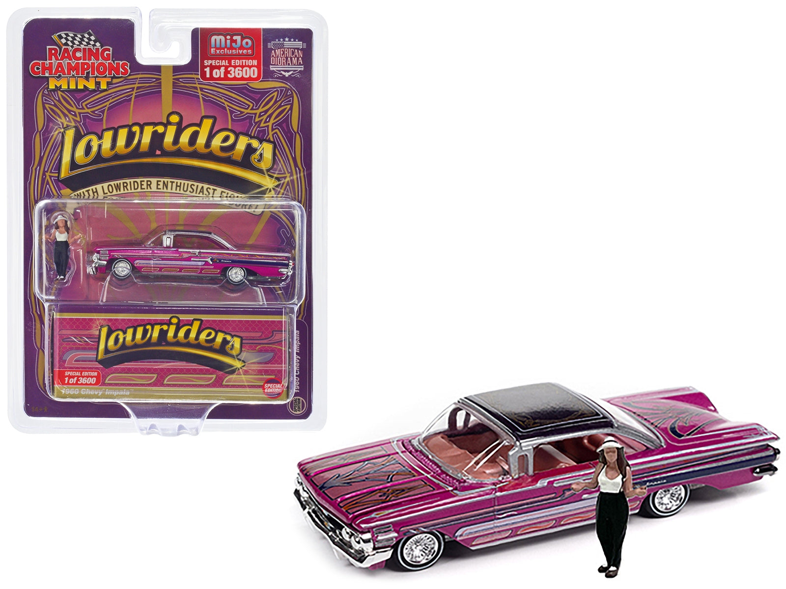 1960 Chevrolet Impala Lowrider Hot Pink Metallic with Black Top and Graphics and Diecast Figure Limited Edition to 3600 pieces Worldwide 1/64 Diecast Model Car by Racing Champions Racing Champions