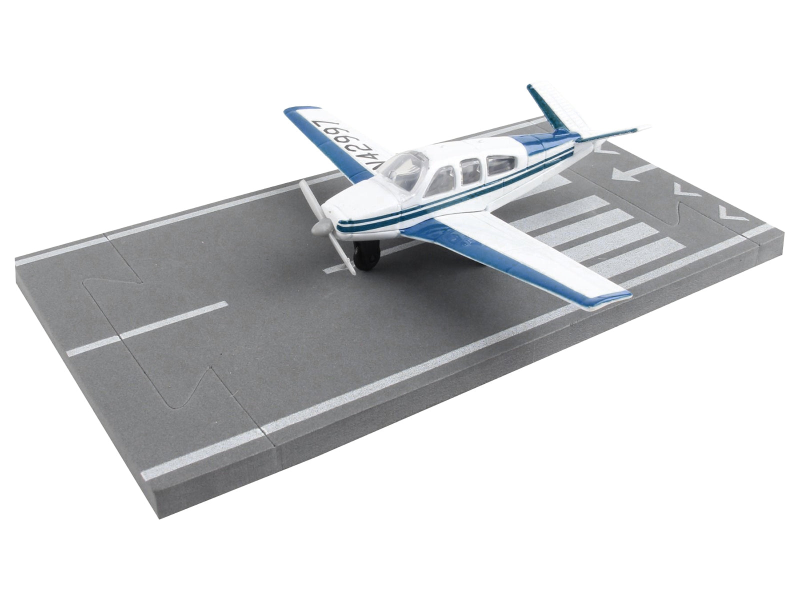 Beechcraft Bonanza Aircraft White with Blue Stripes "N42997" with Runway Section Diecast Model Airplane by Runway24 Runway24