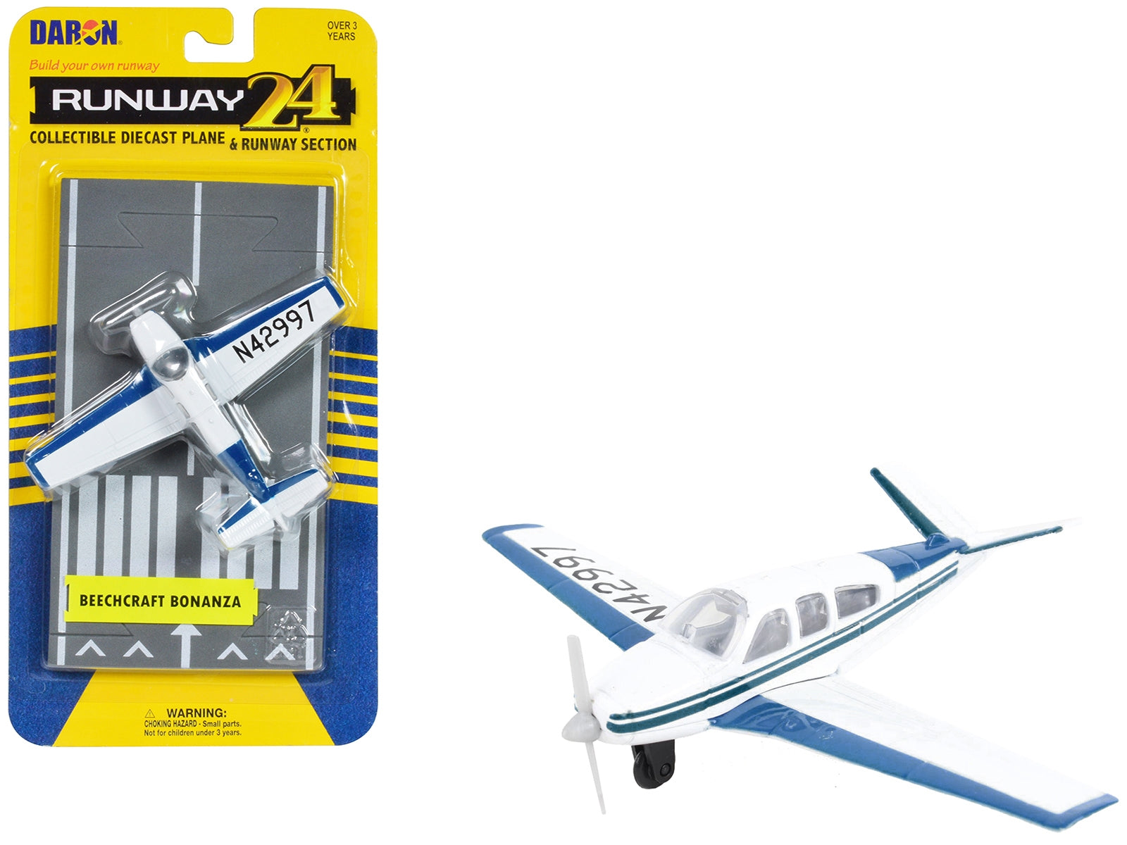 Beechcraft Bonanza Aircraft White with Blue Stripes "N42997" with Runway Section Diecast Model Airplane by Runway24 Runway24