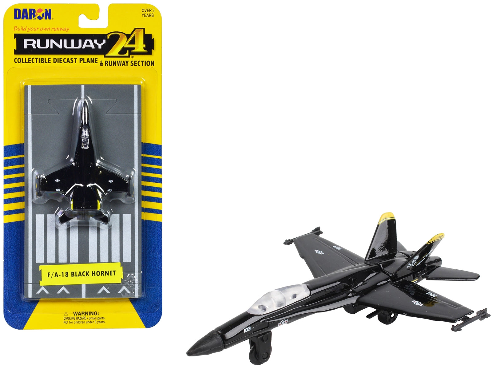 McDonnell Douglas F/A-18 Hornet Fighter Aircraft Black "United States Navy" with Runway Section Diecast Model Airplane by Runway24 Runway24