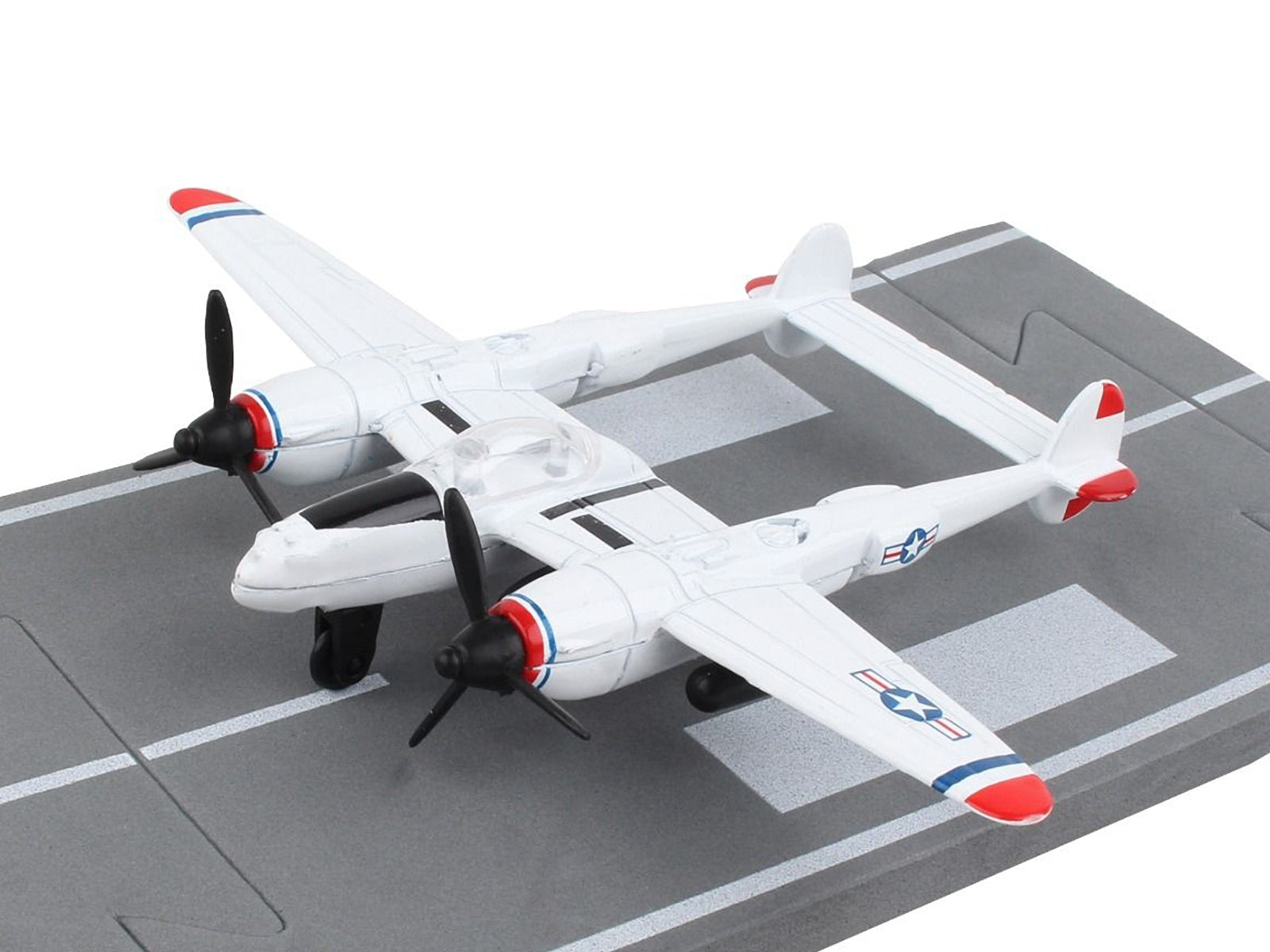 Lockheed P-38J Lightning Fighter Aircraft White with Red Wingtips "United States Army Air Force" with Runway Section Diecast Model Airplane by Runway24 Runway24