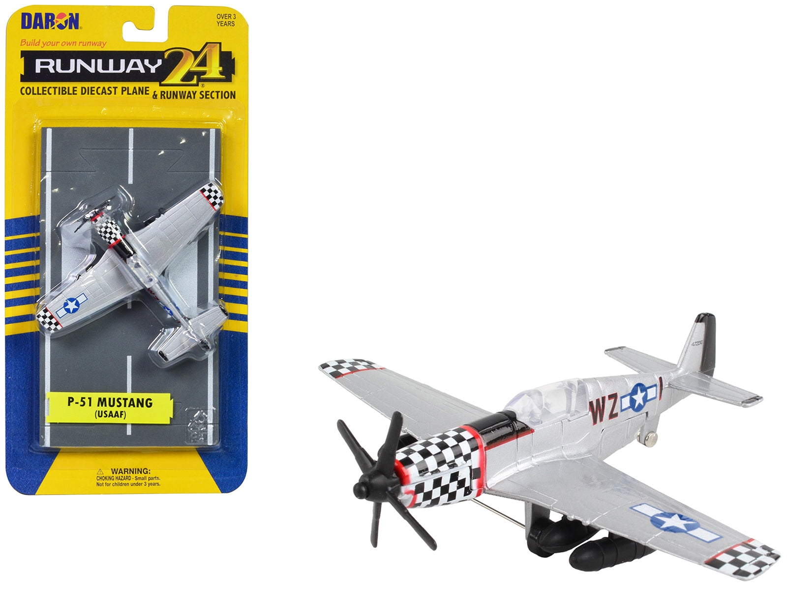 North American P-51 Mustang Fighter Aircraft Silver Metallic "United States Army Air Force" with Runway Section Diecast Model Airplane by Runway24 Runway24