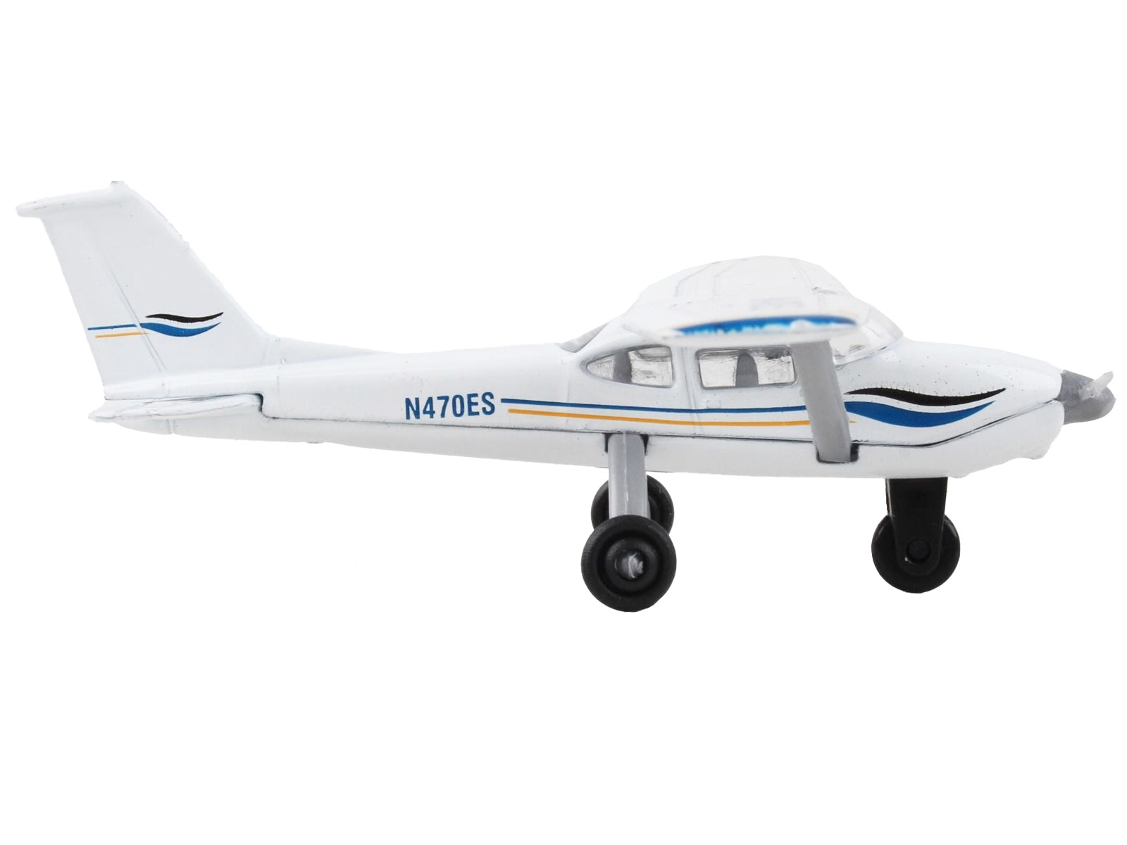 Cessna 172 Aircraft White with Blue and Yellow Stripes "N470ES" with Runway 24 Sign Diecast Model Airplane by Runway24 Runway24