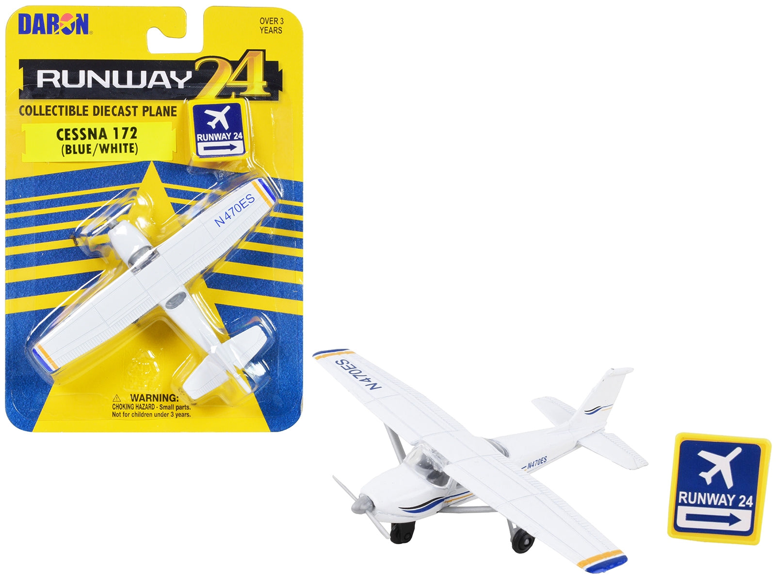 Cessna 172 Aircraft White with Blue and Yellow Stripes "N470ES" with Runway 24 Sign Diecast Model Airplane by Runway24 Runway24