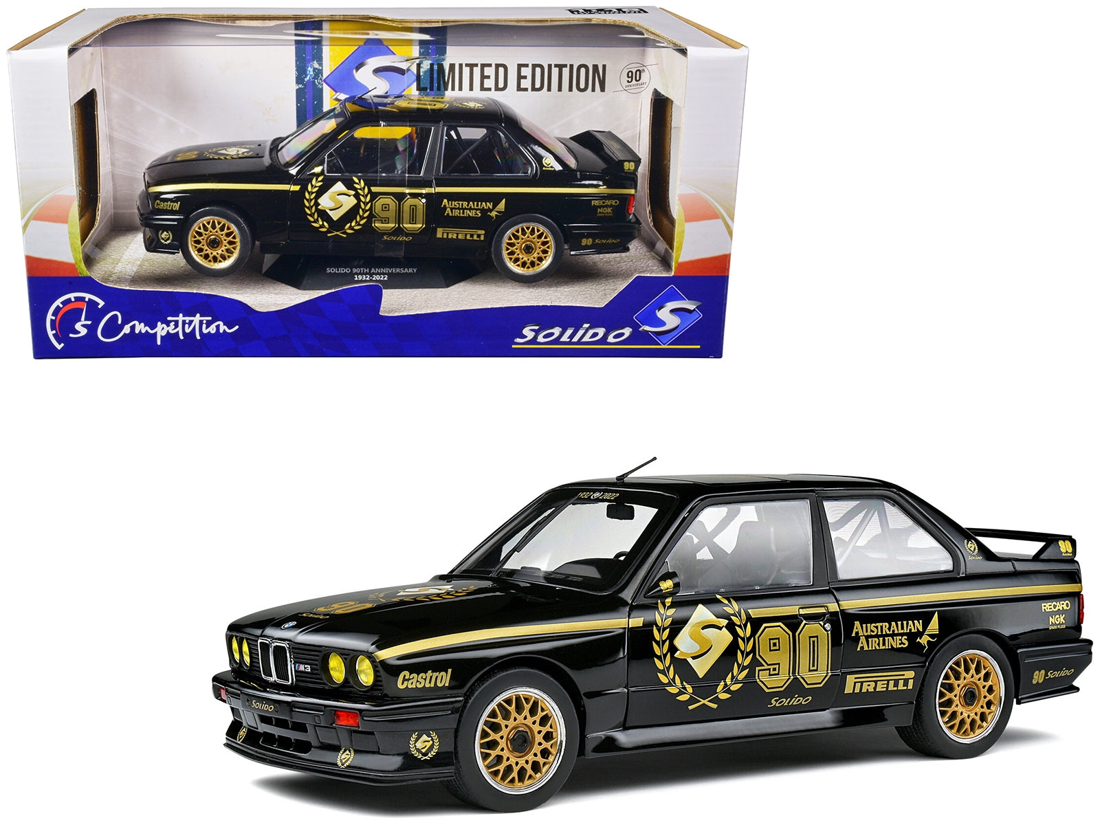 1990 BMW E30 M3 Black "Solido 90th Anniversary" Livery Limited Edition "Competition" Series 1/18 Diecast Model Car by Solido Solido