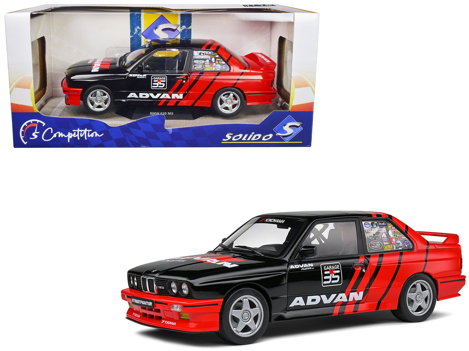 1990 BMW E30 M3 Black and Red with Graphics "ADVAN Drift Team" "Competition" Series 1/18 Diecast Model Car by Solido Solido