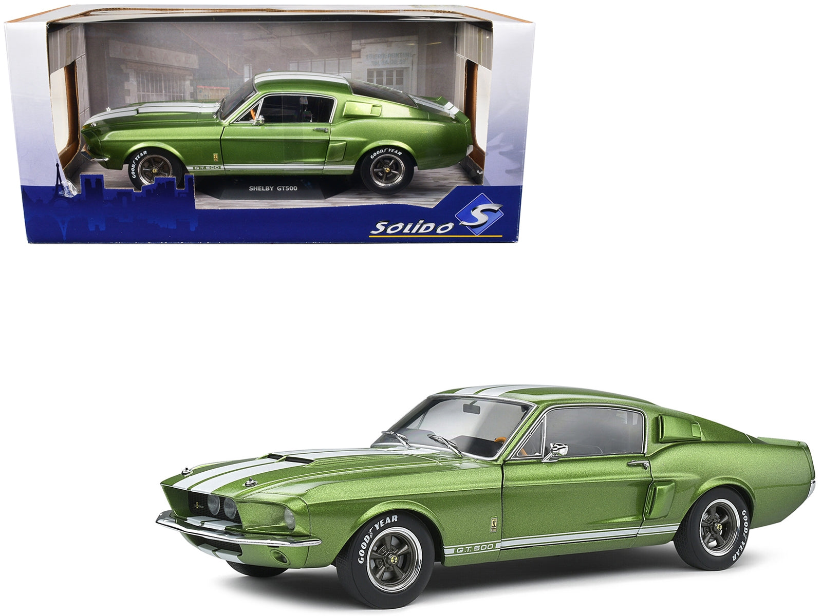 1967 Shelby GT500 Lime Green Metallic with White Stripes 1/18 Diecast Model Car by Solido Solido