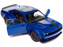 Load image into Gallery viewer, Dodge Challenger R/T Scat Pack Widebody Electric Blue Metallic with Black Stripes 1/18 Diecast Model Car by Solido Solido
