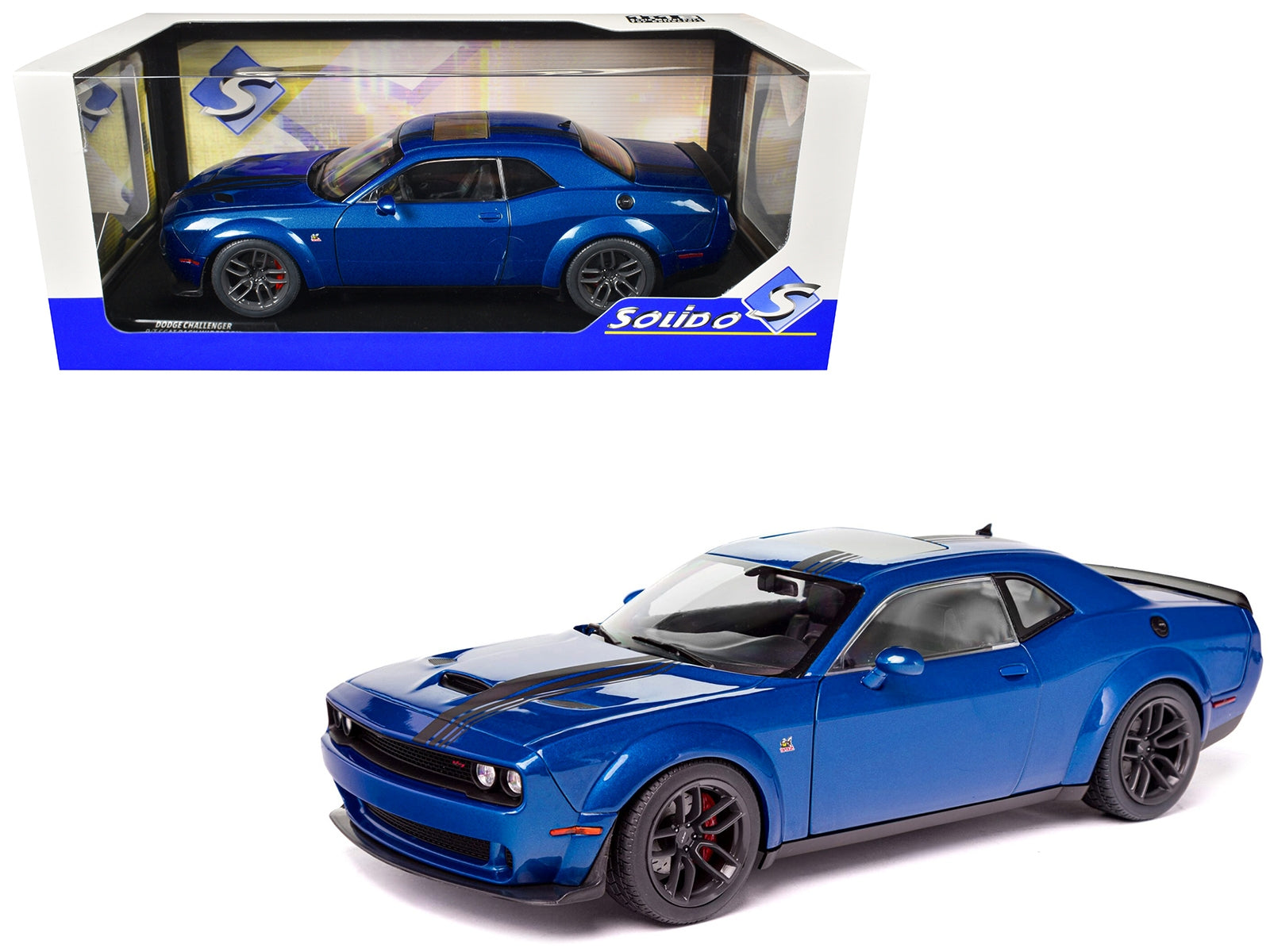 Dodge Challenger R/T Scat Pack Widebody Electric Blue Metallic with Black Stripes 1/18 Diecast Model Car by Solido Solido