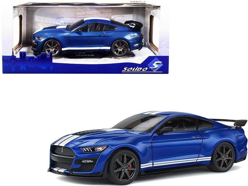 2020 Ford Mustang Shelby GT500 Fast Track Ford Performance Blue Metallic with White Stripes 1/18 Diecast Model Car by Solido Solido