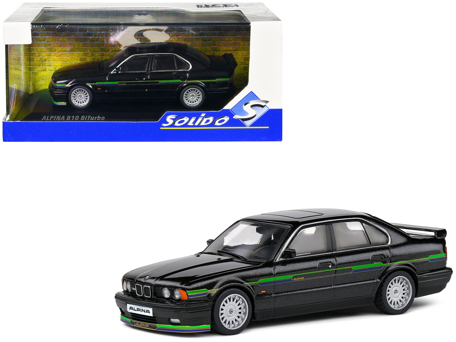 1994 BMW E34 Alpina B10 BiTurbo Black Metallic with Green Graphics 1/43 Diecast Model Car by Solido Solido