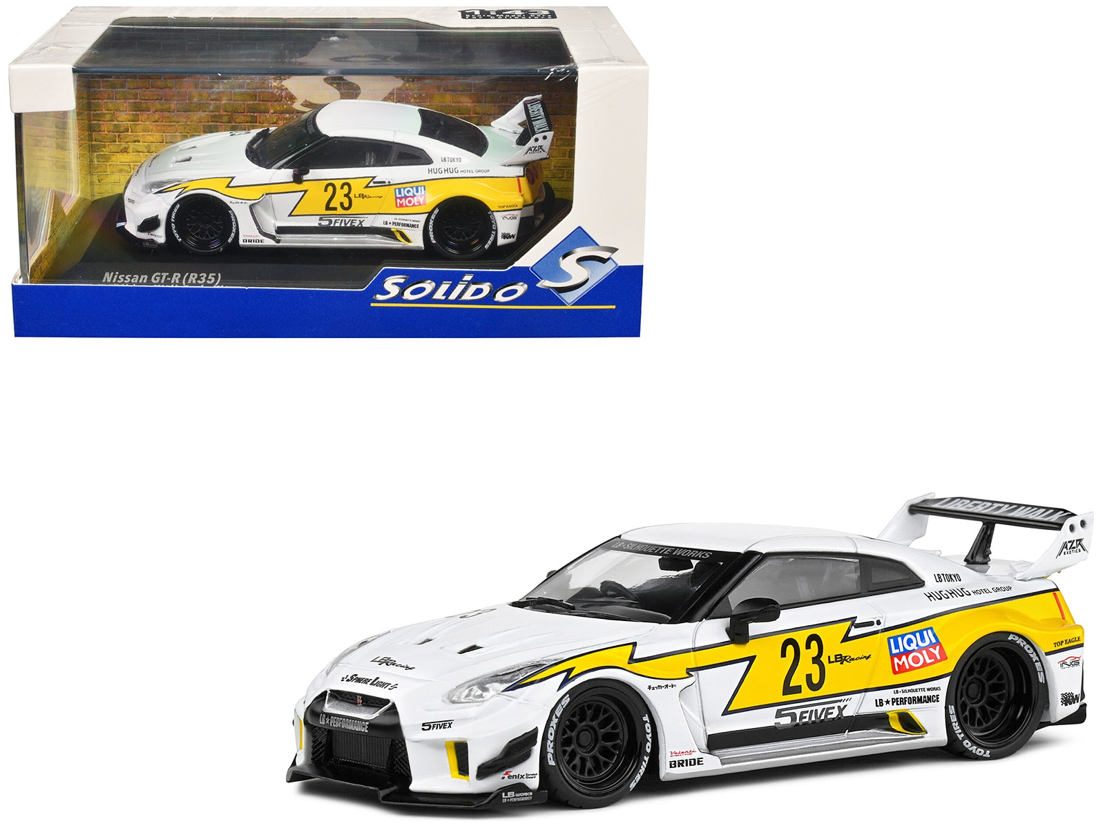 2019 Nissan GTR35 "LBWK Silhouette" RHD (Right Hand Drive) #23 White with Yellow Graphics 1/43 Diecast Model Car by Solido Solido