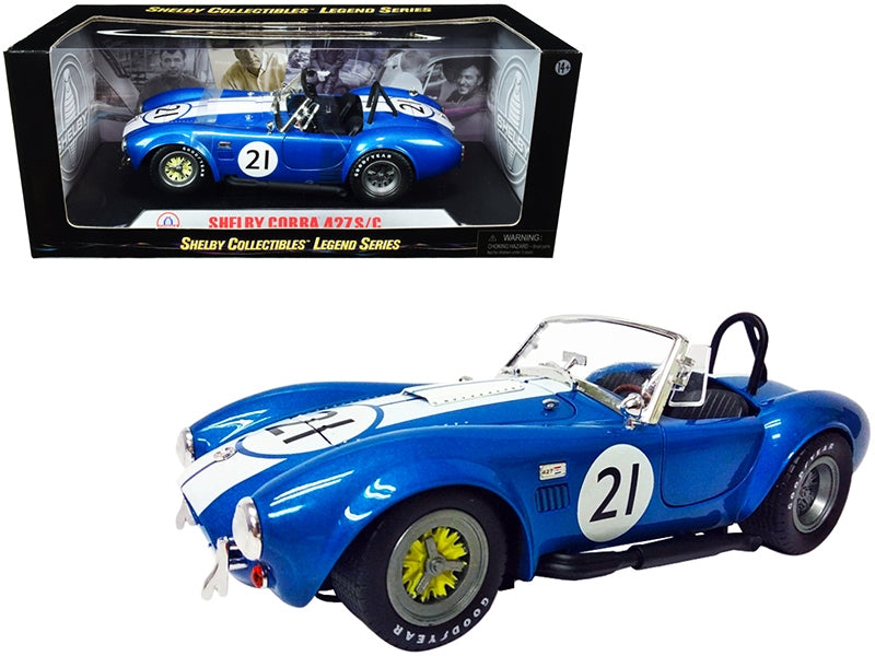 Shelby Cobra 427 S/C #21 Blue Metallic with White Stripes 1/18 Diecast Model Car by Shelby Collectibles Shelby Collectibles