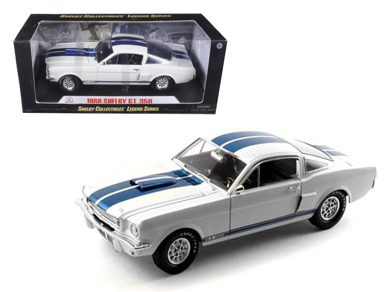 1966 Ford Mustang Shelby GT350 White with Blue Stripes 1/18 Diecast Model Car by Shelby Collectibles Shelby Collectibles