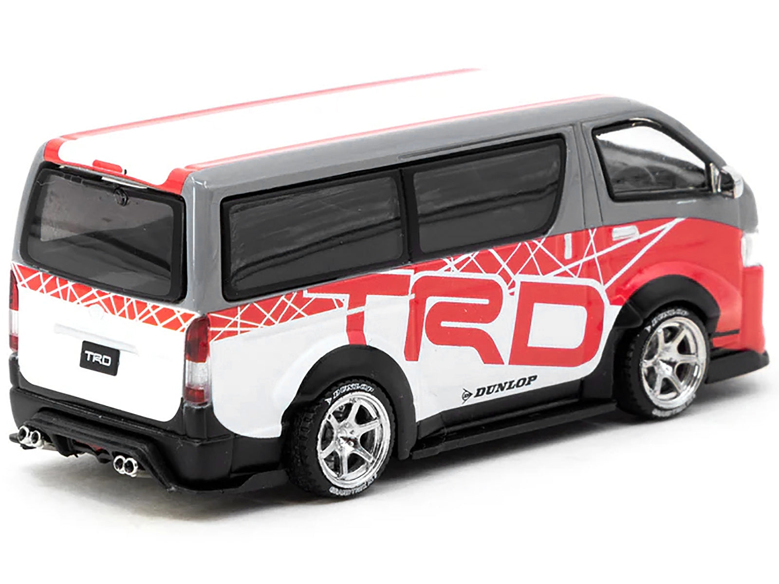 Toyota Hiace Widebody Van RHD (Right Hand Drive) "TRD" Gray and White with Red Graphics "Hobby64" Series 1/64 Diecast Model Car by Tarmac Works Tarmac Works