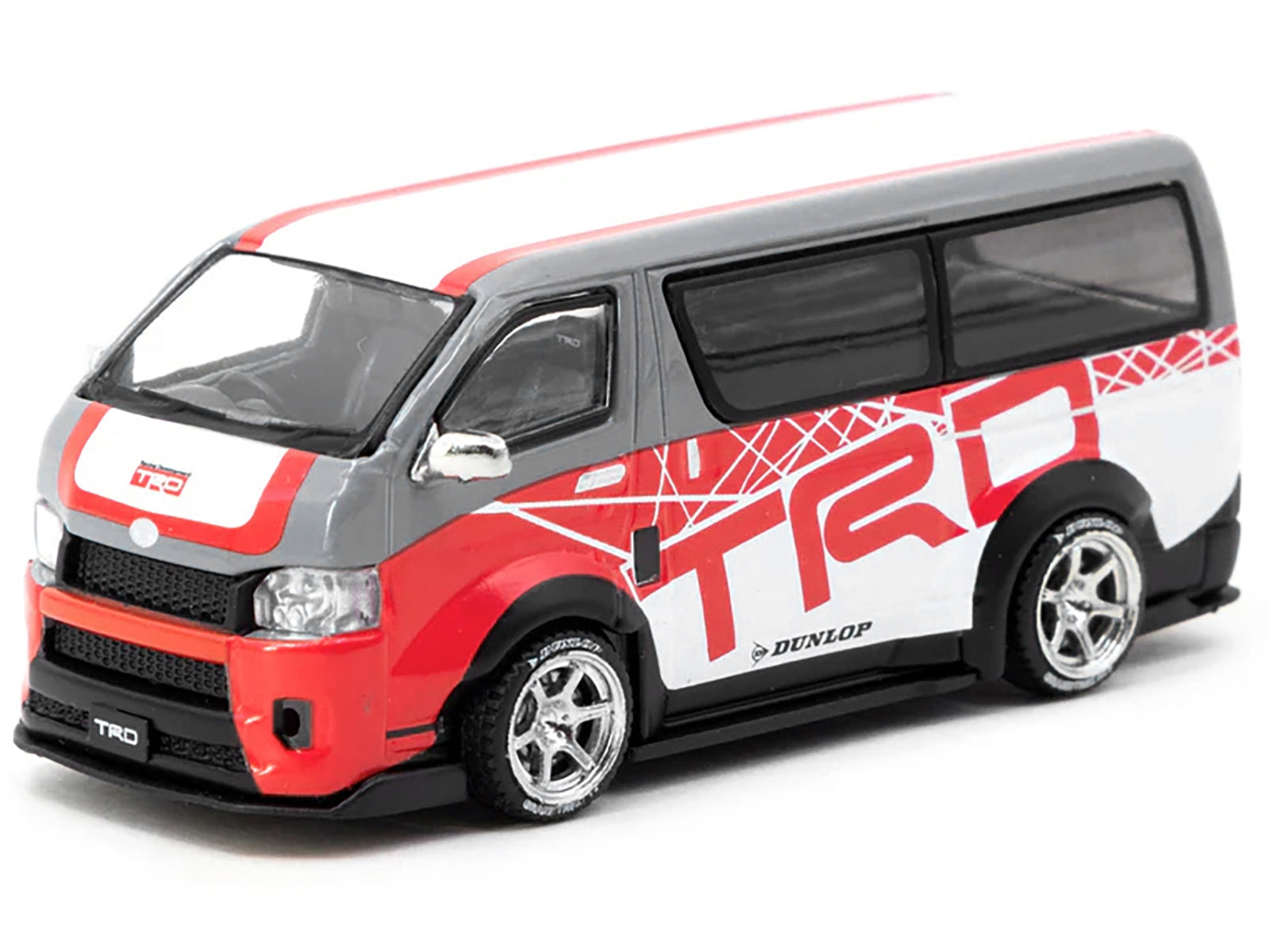 Toyota Hiace Widebody Van RHD (Right Hand Drive) "TRD" Gray and White with Red Graphics "Hobby64" Series 1/64 Diecast Model Car by Tarmac Works Tarmac Works