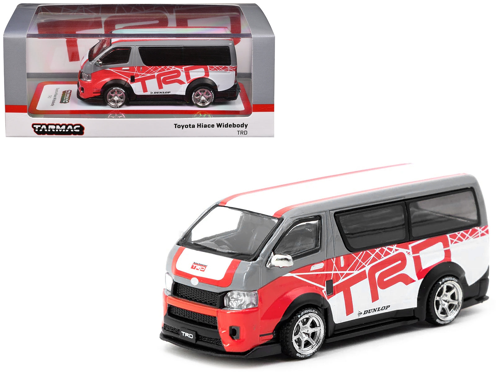 Toyota Hiace Widebody Van RHD (Right Hand Drive) "TRD" Gray and White with Red Graphics "Hobby64" Series 1/64 Diecast Model Car by Tarmac Works Tarmac Works