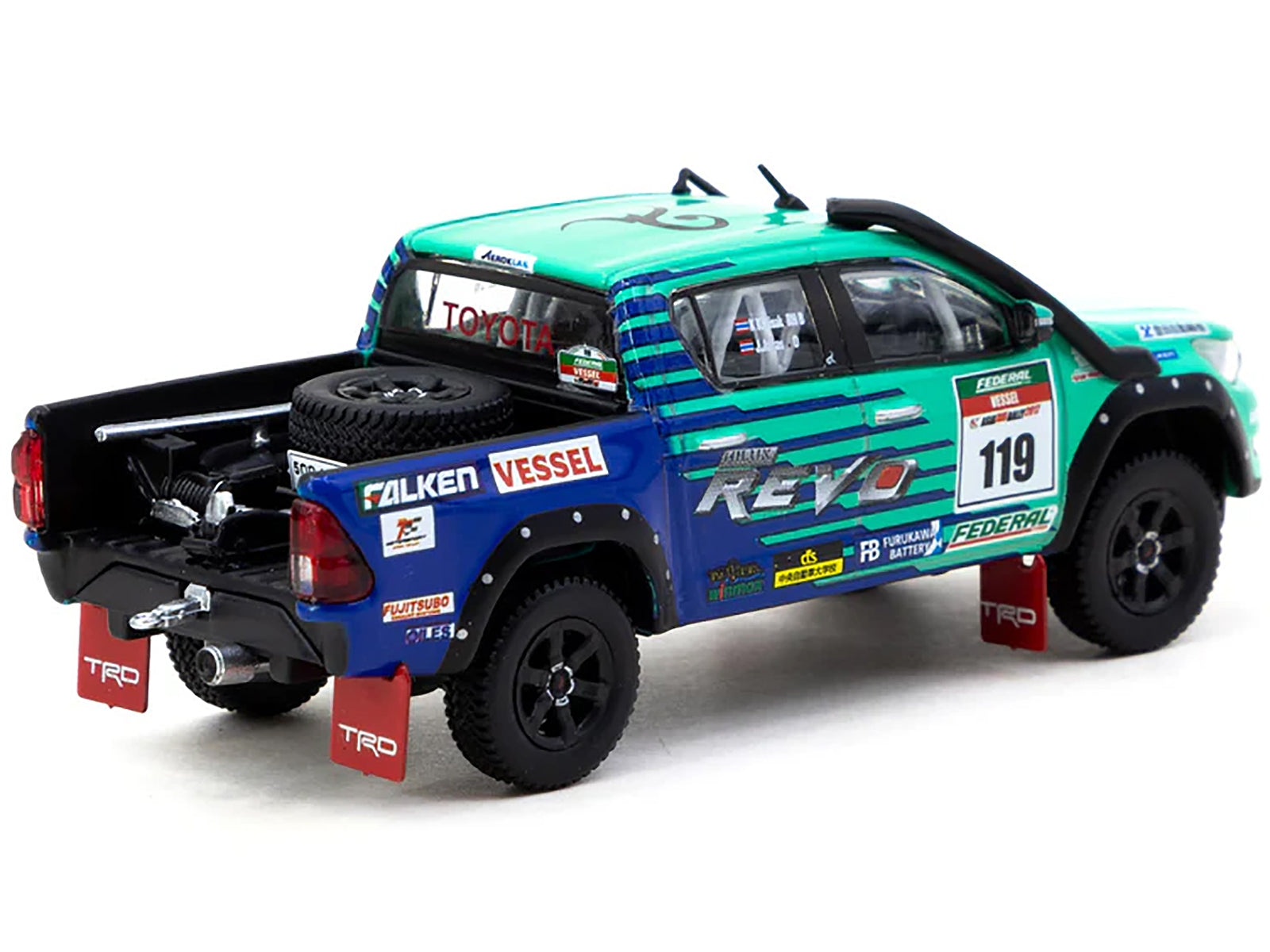 2017 Toyota Hilux AXCR Pickup Truck RHD (Right Hand Drive) #119 Green and Blue "Falken" Livery with Plastic Transporter Packaging "Falken Tires" 1/64 Diecast Model Car by Tarmac Works Tarmac Works