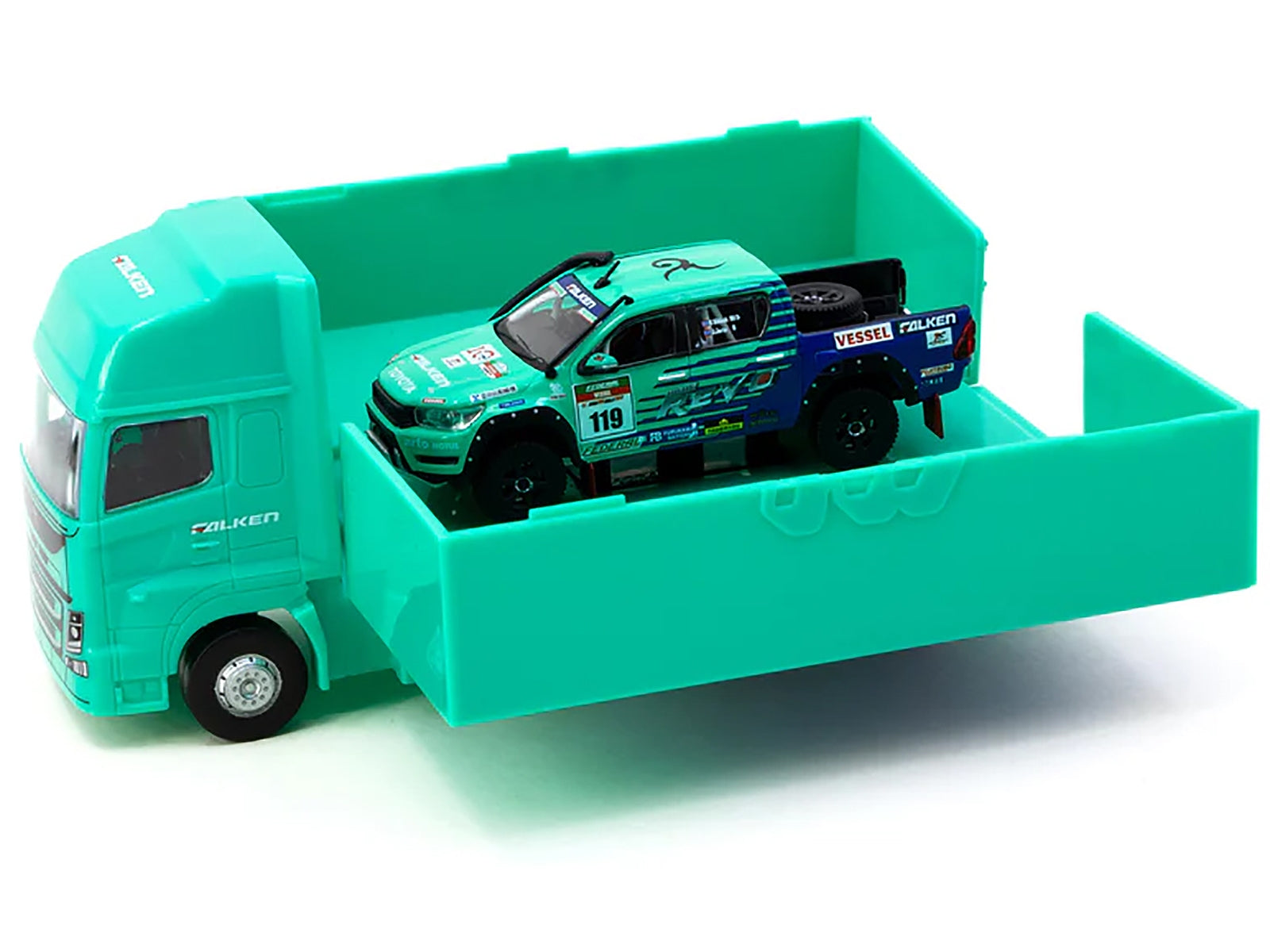 2017 Toyota Hilux AXCR Pickup Truck RHD (Right Hand Drive) #119 Green and Blue "Falken" Livery with Plastic Transporter Packaging "Falken Tires" 1/64 Diecast Model Car by Tarmac Works Tarmac Works