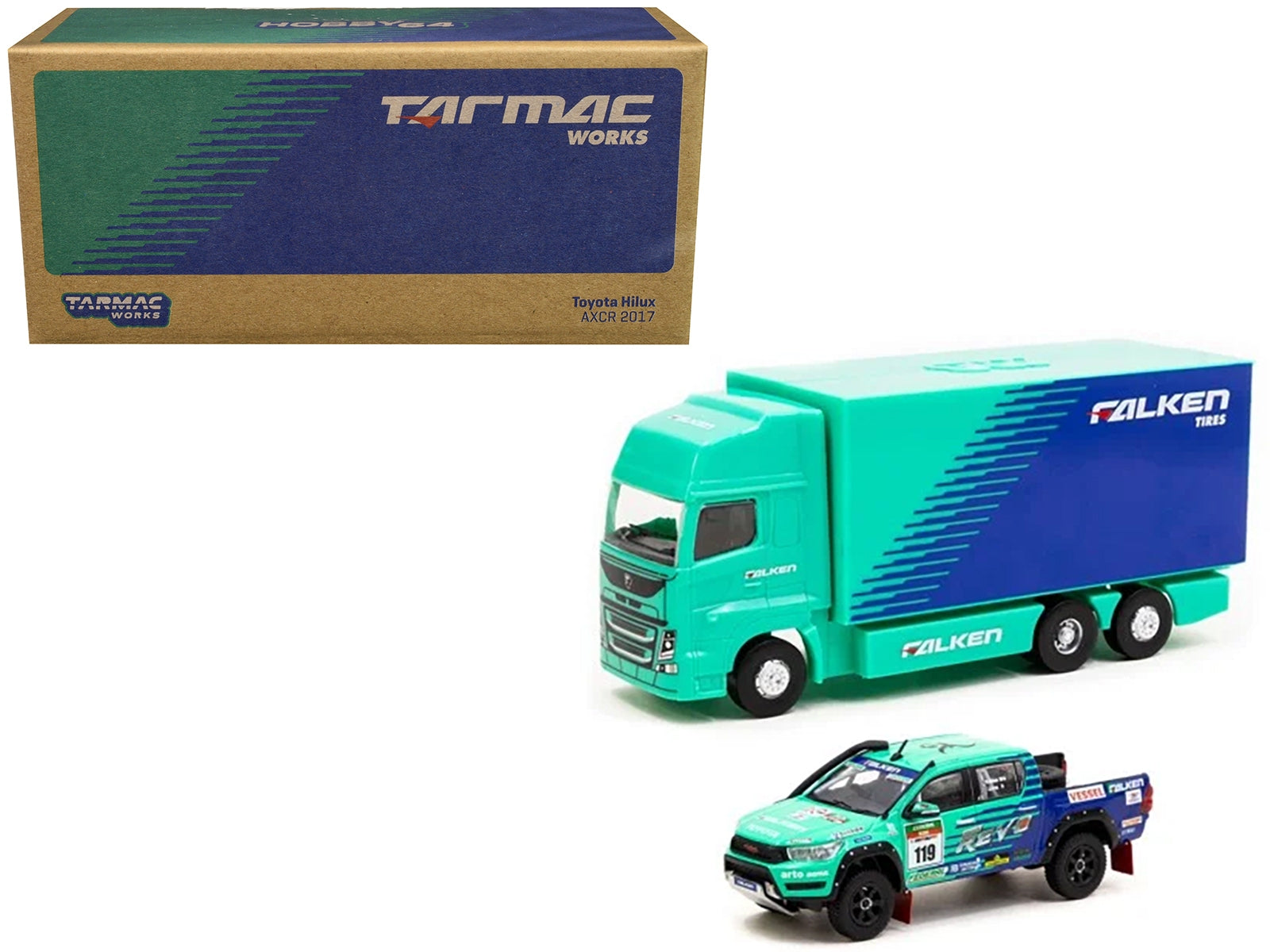 2017 Toyota Hilux AXCR Pickup Truck RHD (Right Hand Drive) #119 Green and Blue "Falken" Livery with Plastic Transporter Packaging "Falken Tires" 1/64 Diecast Model Car by Tarmac Works Tarmac Works