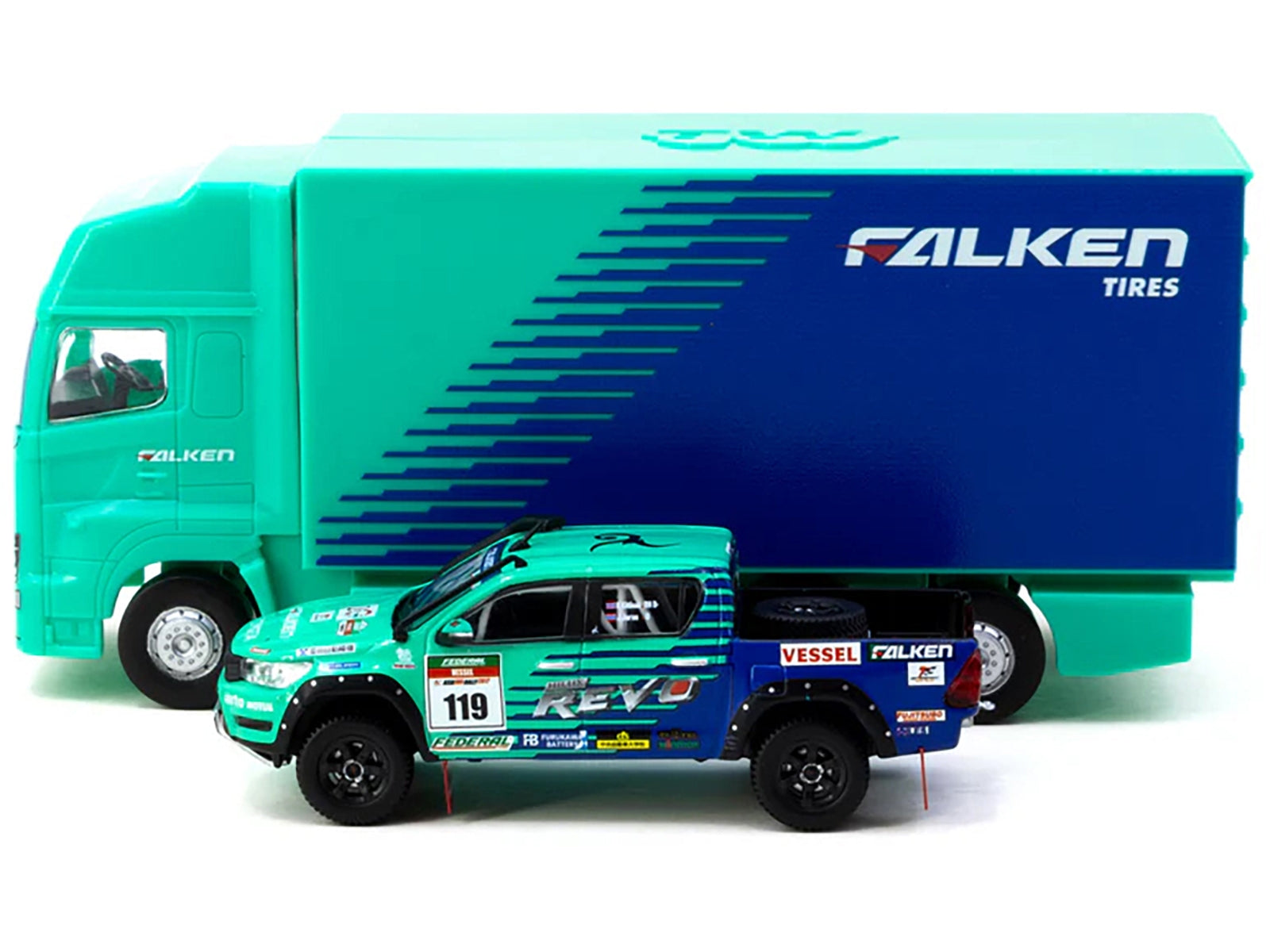 2017 Toyota Hilux AXCR Pickup Truck RHD (Right Hand Drive) #119 Green and Blue "Falken" Livery with Plastic Transporter Packaging "Falken Tires" 1/64 Diecast Model Car by Tarmac Works Tarmac Works