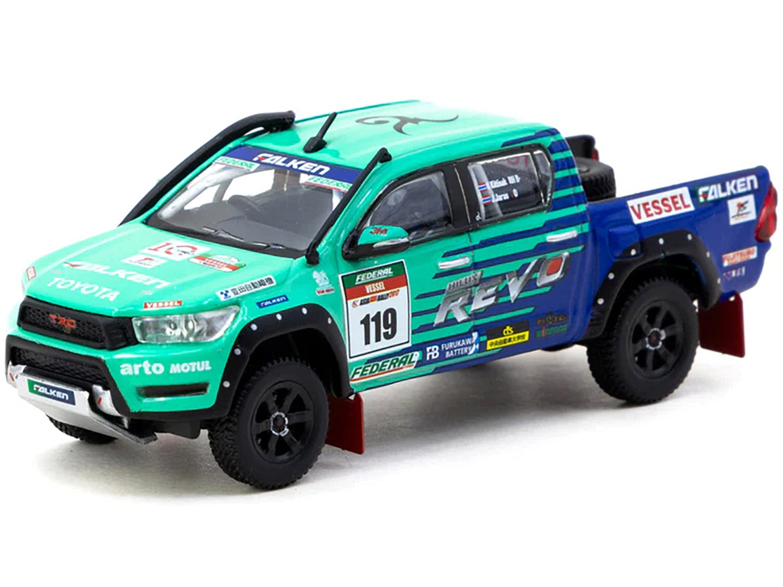 2017 Toyota Hilux AXCR Pickup Truck RHD (Right Hand Drive) #119 Green and Blue "Falken" Livery with Plastic Transporter Packaging "Falken Tires" 1/64 Diecast Model Car by Tarmac Works Tarmac Works