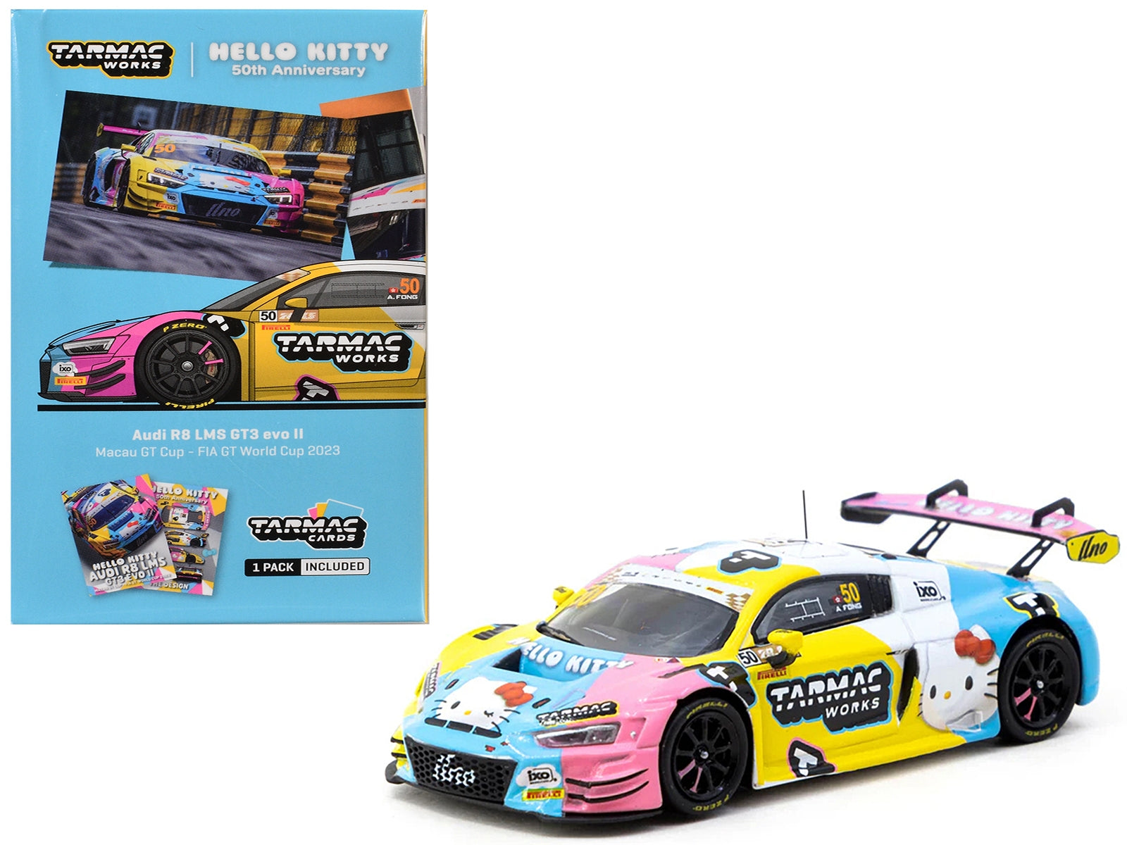 Audi R8 LMS GT3 Evo II #50 Adderly Fong "Macau GP Cup - Hello Kitty 50th Anniversary" "FIA GT World Cup" (2023) with Cards "Hobby64" Series 1/64 Diecast Model Car by Tarmac Works Tarmac Works