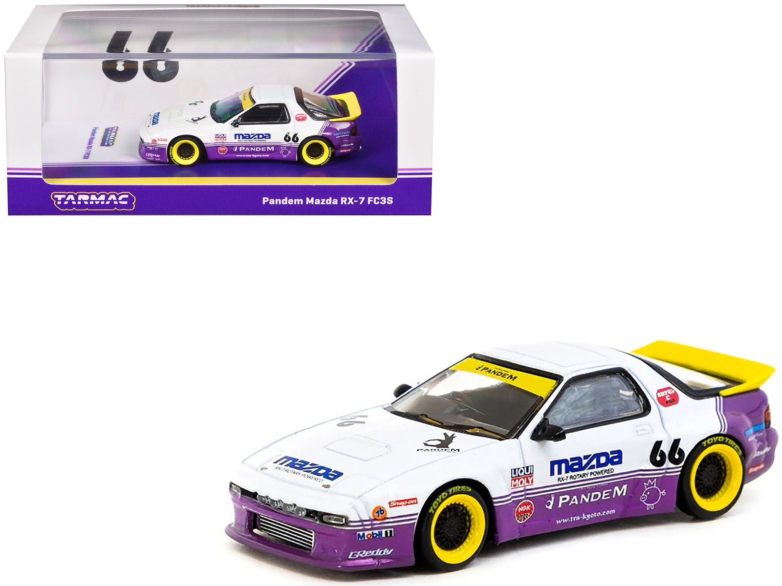 Mazda RX-7 FC3S Pandem RHD (Right Hand Drive) #66 White and Purple with Graphics "Hobby64" Series 1/64 Diecast Model Car by Tarmac Works Tarmac Works