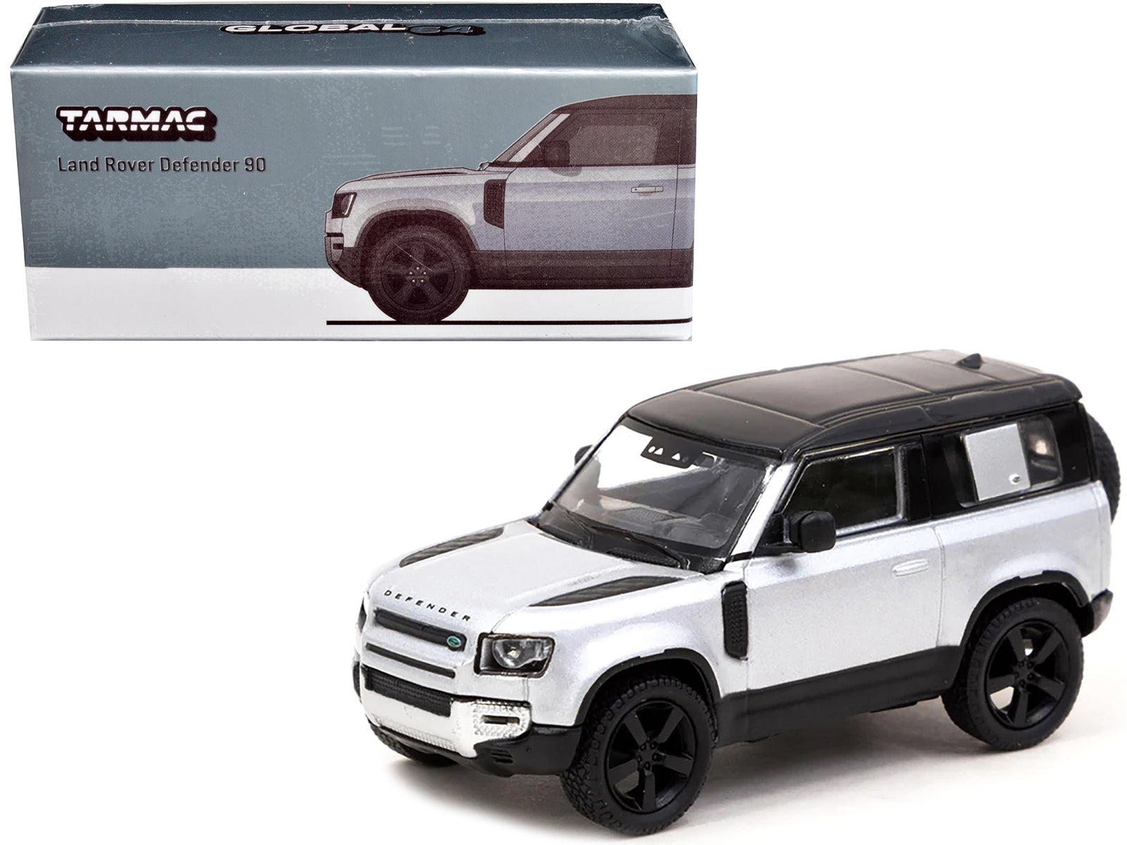 Land Rover Defender 90 Silver Metallic with Black Top "Global64" Series 1/64 Diecast Model Car by Tarmac Works Tarmac Works