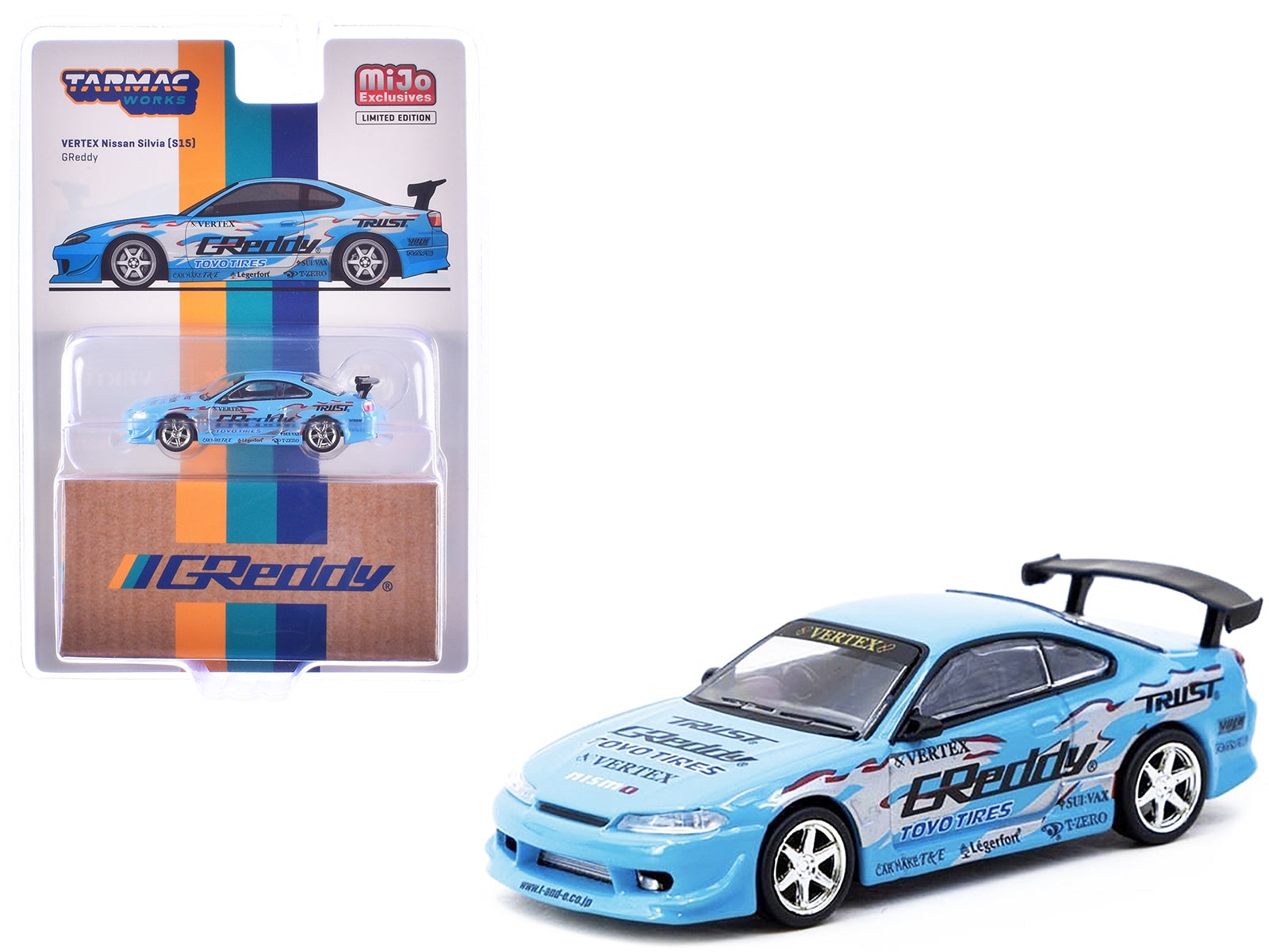 Nissan Silvia (S15) Vertex RHD (Right Hand Drive) "GReddy" Light Blue "Global64" Series 1/64 Diecast Model by Tarmac Works Tarmac Works