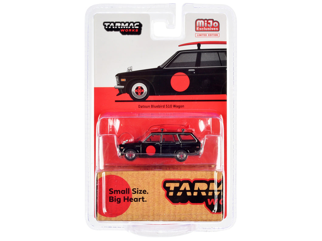 Datsun Bluebird 510 Wagon Black with Red Graphics with Roof Rack and Surfboard 
