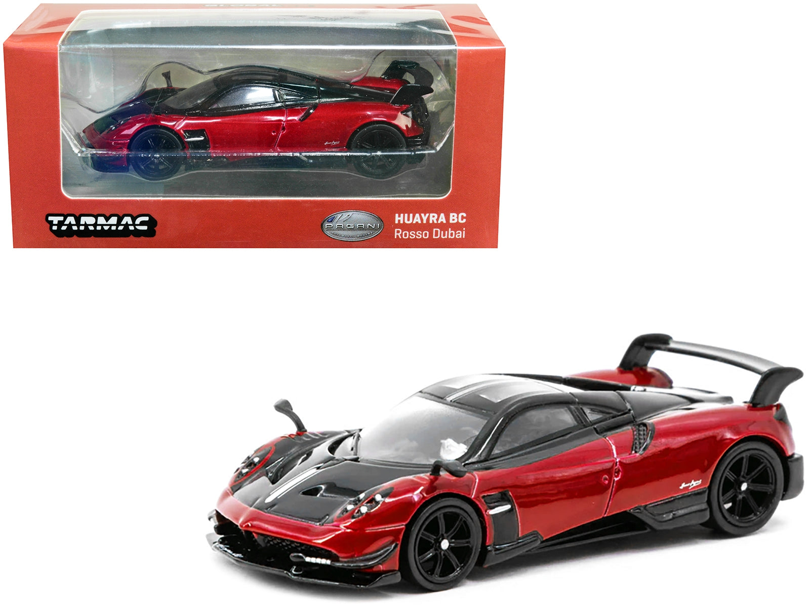 Pagani Huayra BC Rosso Dubai Red Metallic and Black with Silver Stripes "Global64" Series 1/64 Diecast Model Car by Tarmac Works Tarmac Works