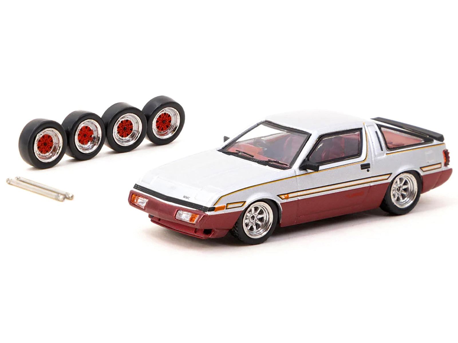 Mitsubishi Starion RHD (Right Hand Drive) Silver Metallic and Dark Red with Red Interior with Extra Wheels "Road64" Series 1/64 Diecast Model Car by Tarmac Works Tarmac Works