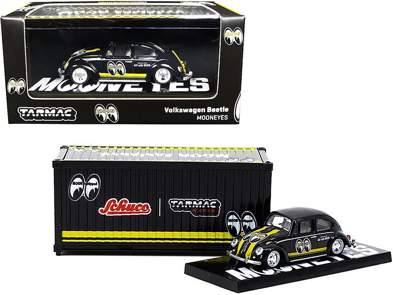 Volkswagen Beetle "Mooneyes" Black with Yellow Stripes with Container Case "Collaboration Model" 1/64 Diecast Model Car by Schuco & Tarmac Works Schuco